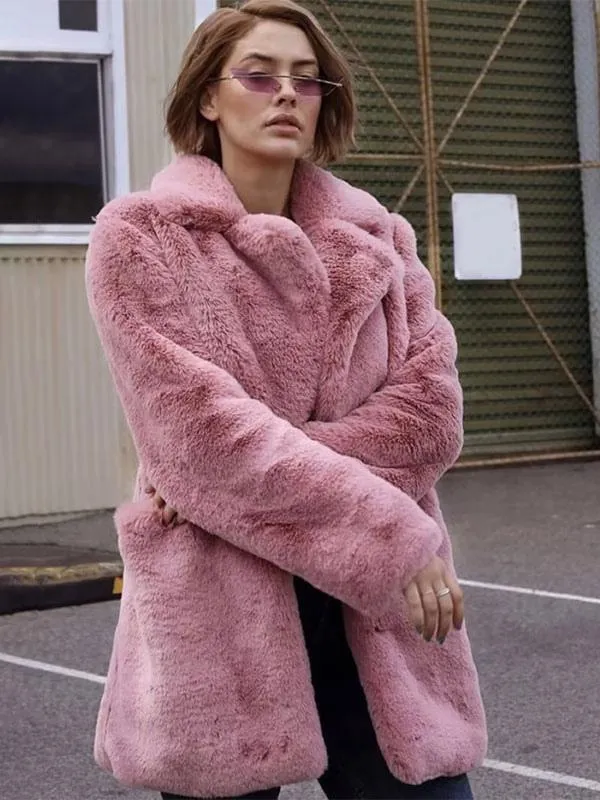 Faux Fur Coats Long Sleeves Casual Turndown Collar Pink Eco-friendly Fur Coat